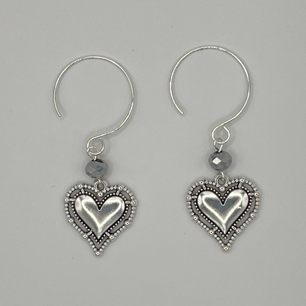 Silver Tone Heart Dangle Earrings with Faceted Bead